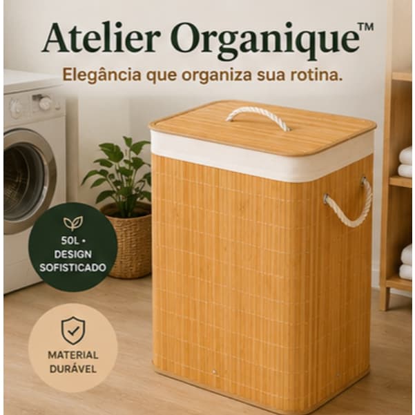 Cesto de Roupas Organizador 50L com Tampa e Alças Bambu Dobrável Lavanderia Banheiro Atelier Organique™