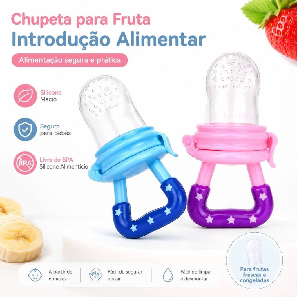 Chupeta Mordedor de Fruta Bebê Silicone Portátil com Tampa Higiênica