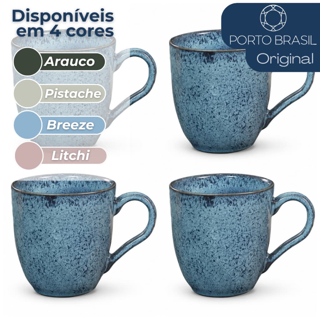 Jogo 4 Canecas Café Chá Orgânicas 273ml Cerâmica Porto Brasil