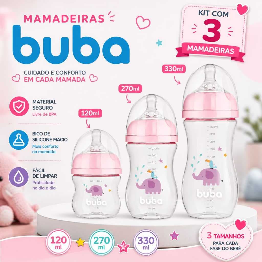 Kit Com 3 Mamadeira Bebes Buba  120 Ml + 270 Ml + 330 Ml Anticólica Evita Gases Mamadeiras Para Bebes