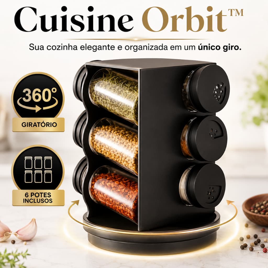 Porta Temperos Giratório 6 Potes Organizador de Temperos Suporte para Condimentos Cozinha 360° Cuisine Orbit™