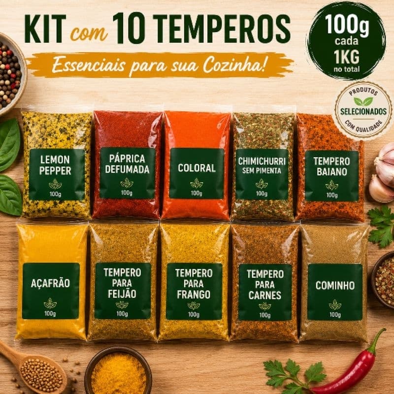 Kit 10 Temperos Naturais e Condimentos Com 100 gr Cada