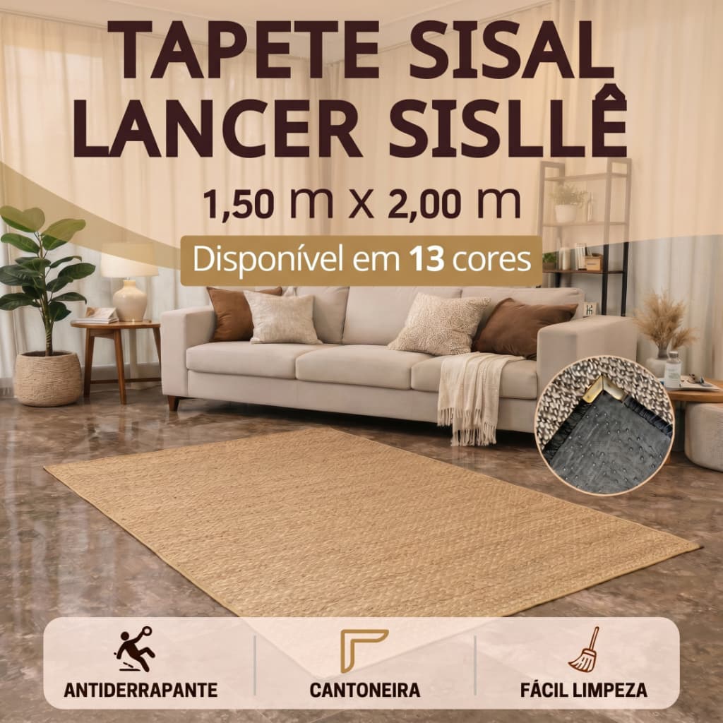 Tapete Sisal 150x200 cm Lancer Sisllê Antiderrapante Cantoneira Aço Cromado Sala Quarto