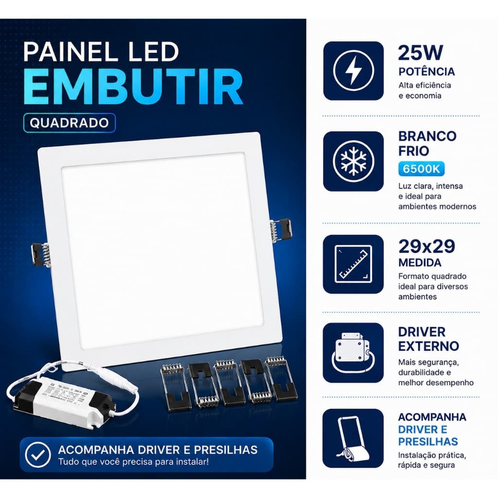 Luminária Plafon Led 25W Embutir Bivolt Quadrado Painel Slim Borda Fina
