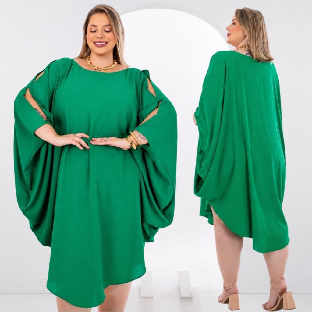 Vestido Feminino Plus Size midi crepe dunas Manga Ampla moda feminina pronta entrega