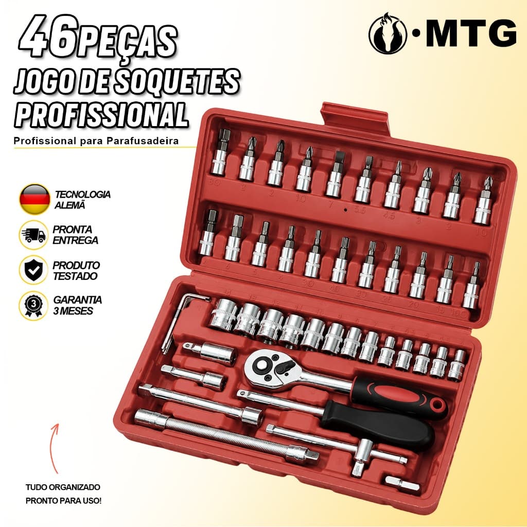 Jogo de Soquetes 46 Peças Chave Catraca 1/4 Kit Ferramentas Profissional Reparo Carro Moto Bicicleta