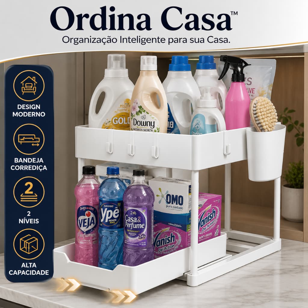 Organizador Multiuso 2 Níveis Branco com Bandeja Corrediça Organizador de Armário Cozinha Banheiro Lavanderia