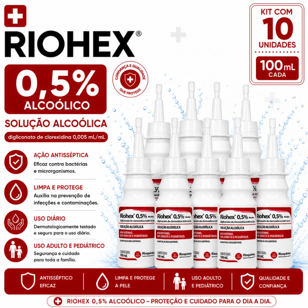 Clorexidina 0,5% Riohex Solução Alcoolica 100ml C/10 Unidades - Rioquímica