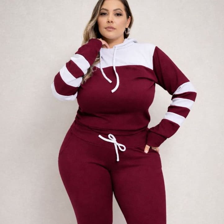 Conjunto Feminino Manga Longa Plus Size Grande Tipo Moletom Capuz Malha Crepe Frio