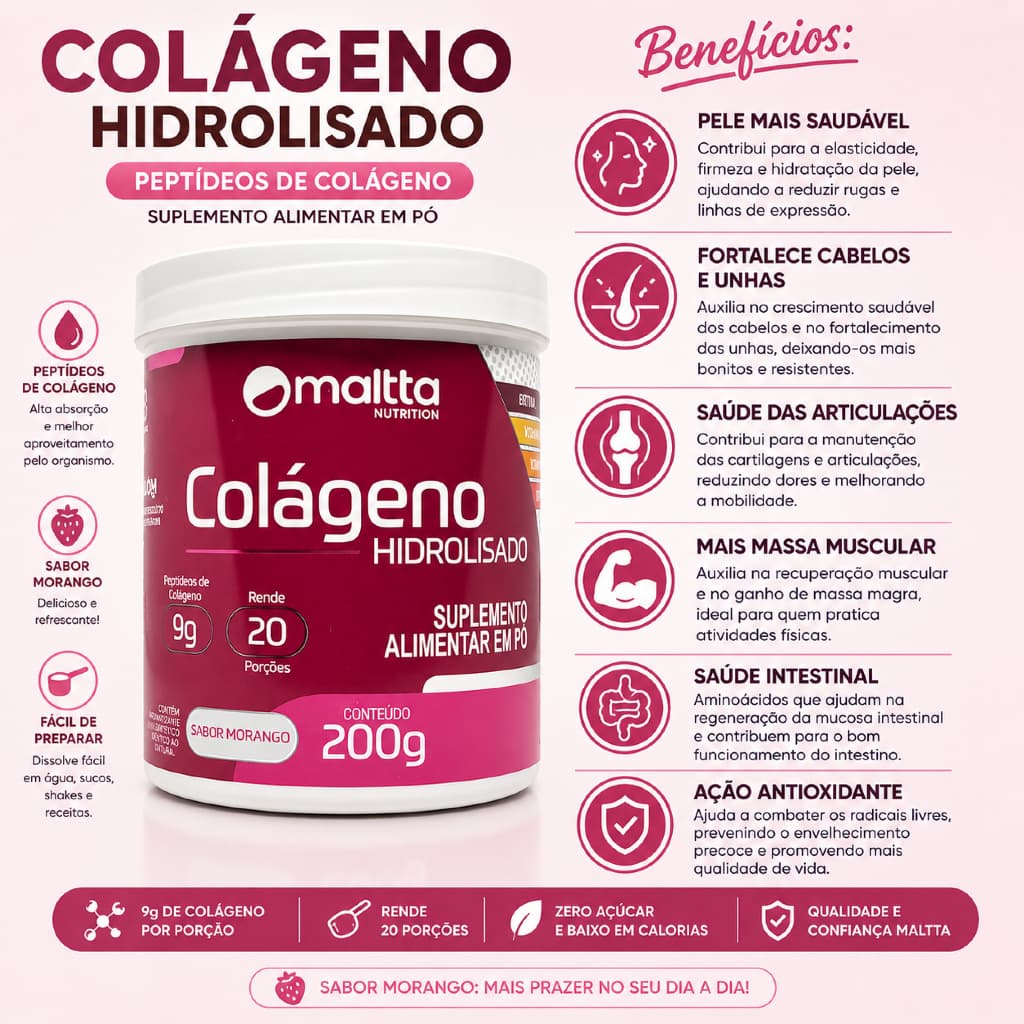 Colágeno Hidrolisado 200g Sabor Morango contém Biotina, Vitamina C, Vitamina D, Vitamina E
