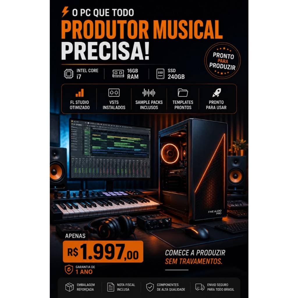 Computador PC Desktop i7 16GB RAM SSD 240GB Produção Musical FL Studio VSTs Instalados Fine Audio Pro