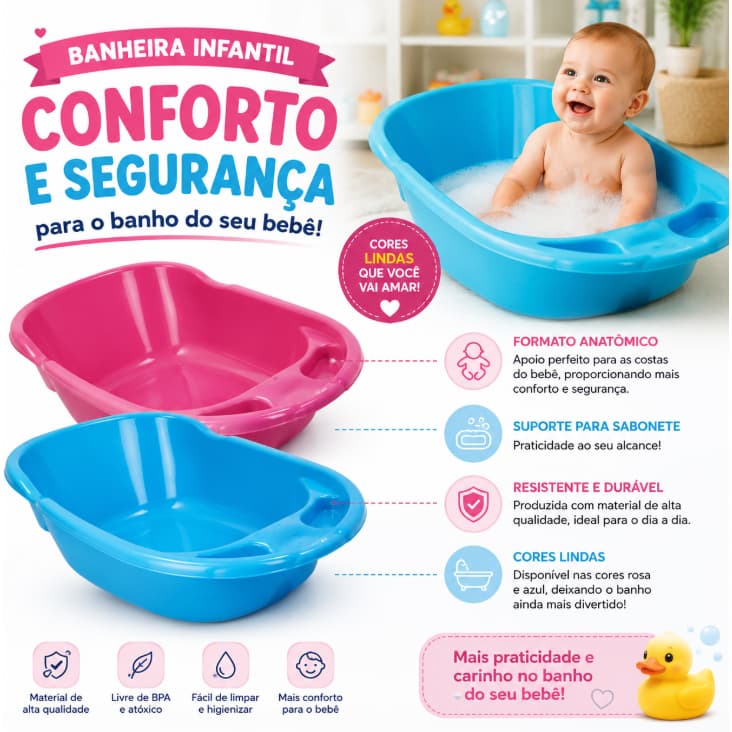 Banheira Infantil 30 Litros com Porta Sabonete Azul ou Rosa Resistente