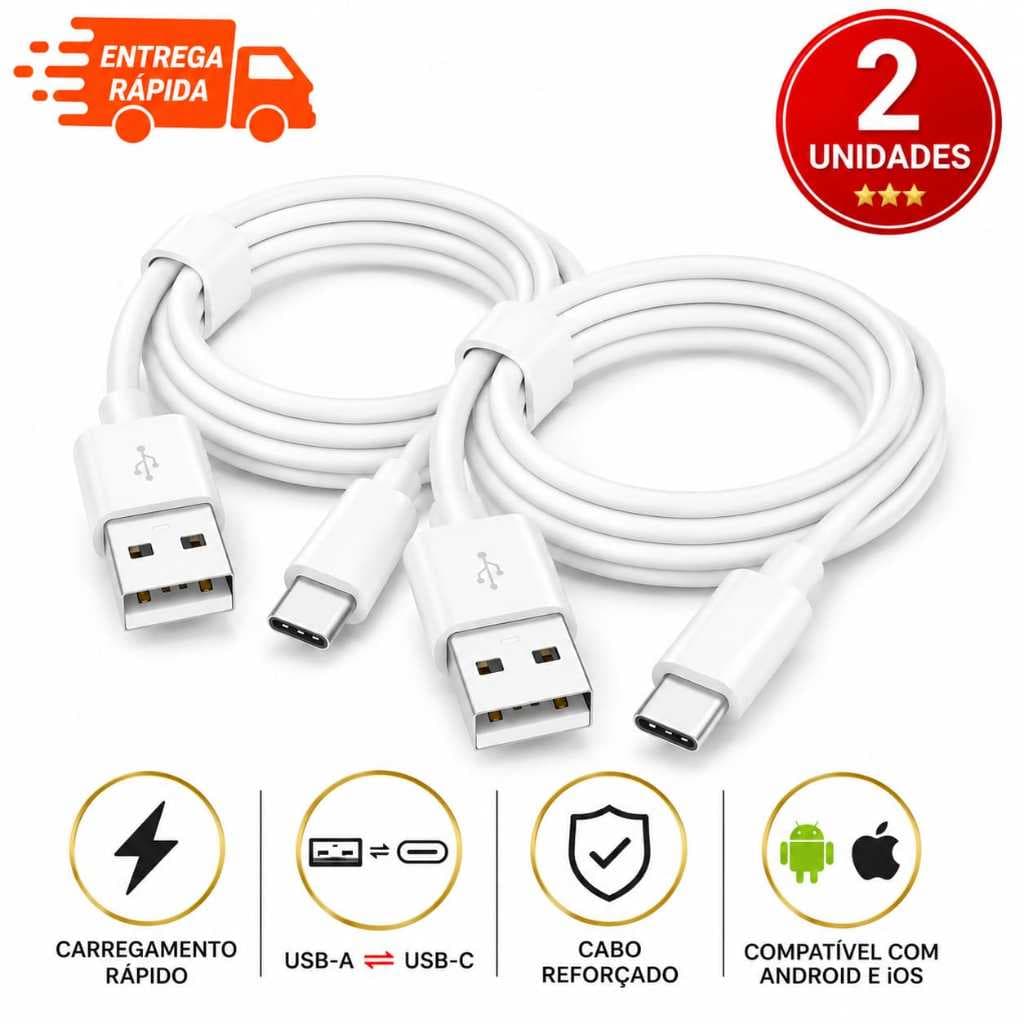 Cabo Tipo C Turbo Samsung KIT 2  unidades USB x Tipo C Reforçado Compatível Iphone 15 16 e 17 Pro Max Android 1m