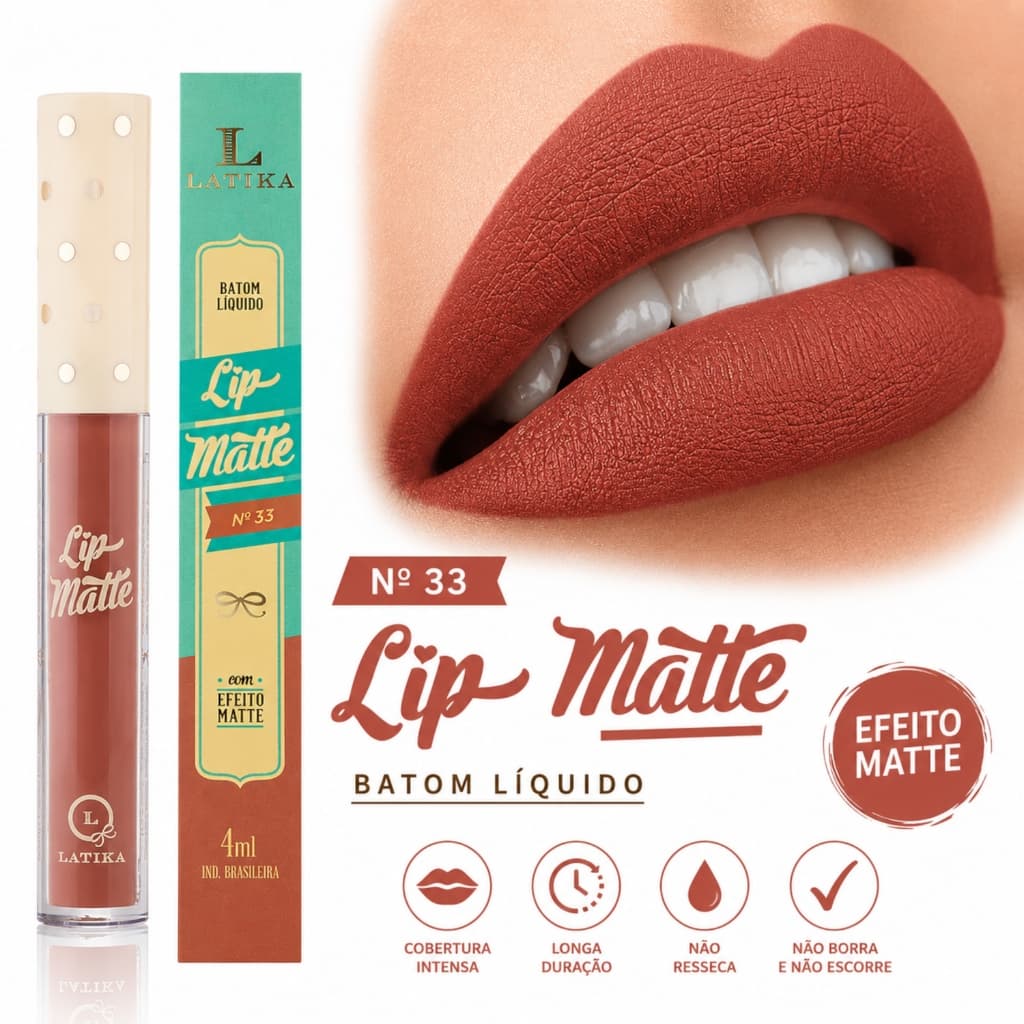 Batom Líquido Latika Lip Matte Nude Canela Intenso nº33 - Longa Duração - Não Trenfere - 4ml