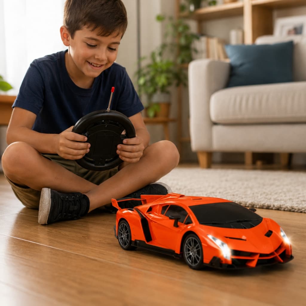 Brinquedo Carrinho de Controle Remoto Super Car Laranja Com Luz e Volante Esportivo Escala 1:16 - Castela