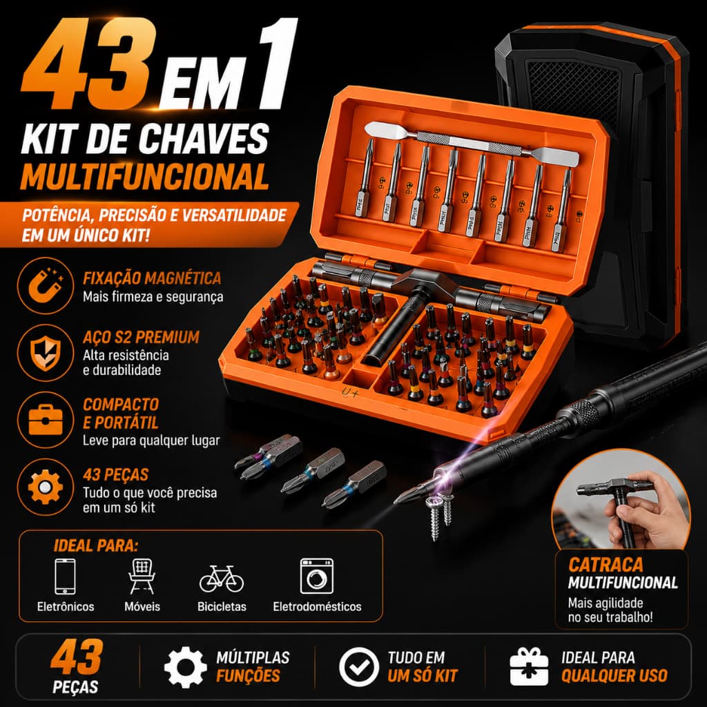 Kit Chave de Fenda 43 em 1 Magnética Catraca com Maleta Jogo de Ferramentas , Relógio, Bicicleta e Móveis