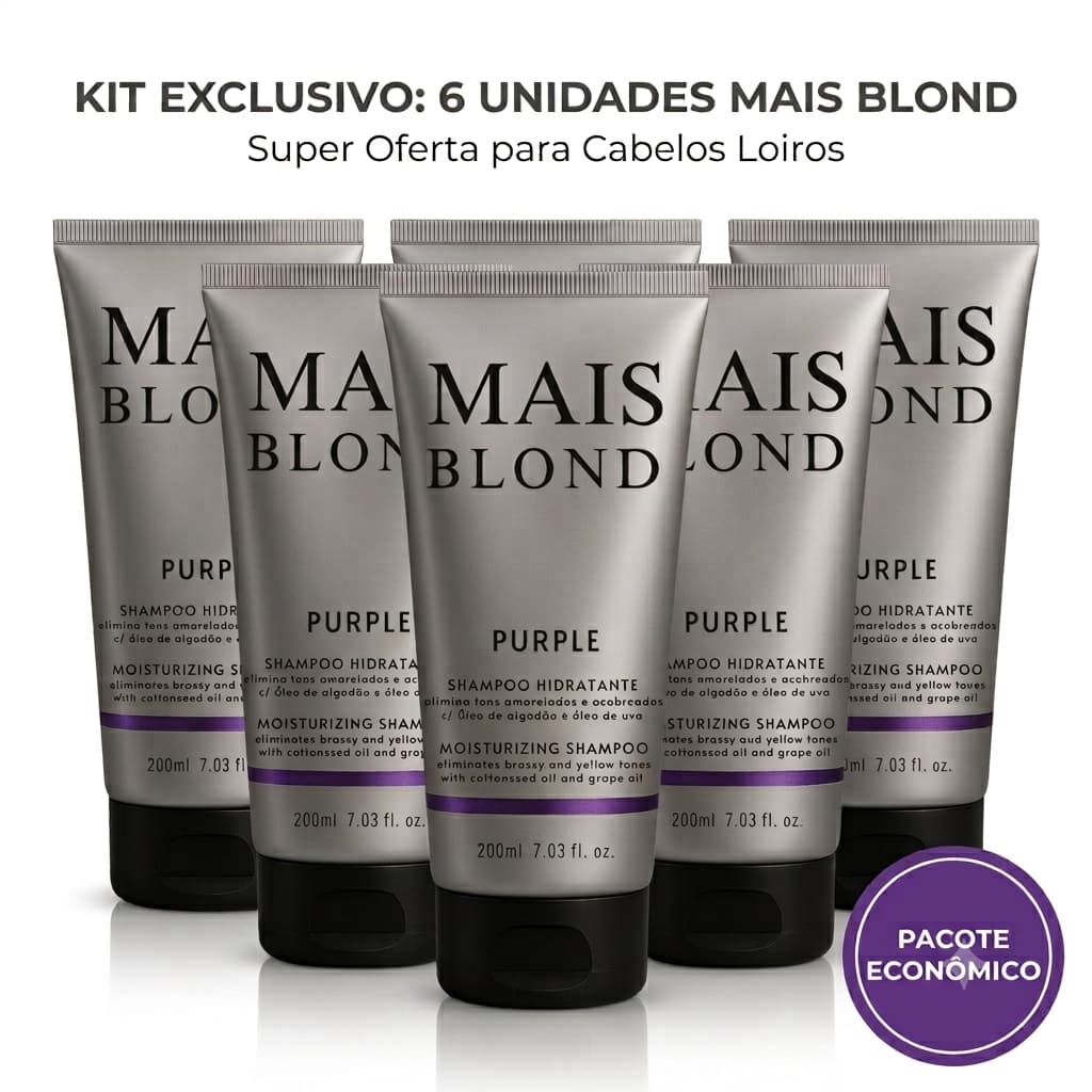KIT 6 UNIDADES SHAMPOO MAIS BLOND PURPLE 200ML - HIDRATANTE / PARA LOUROS PLATINADOS RADIANTES / DESAMARELADOR