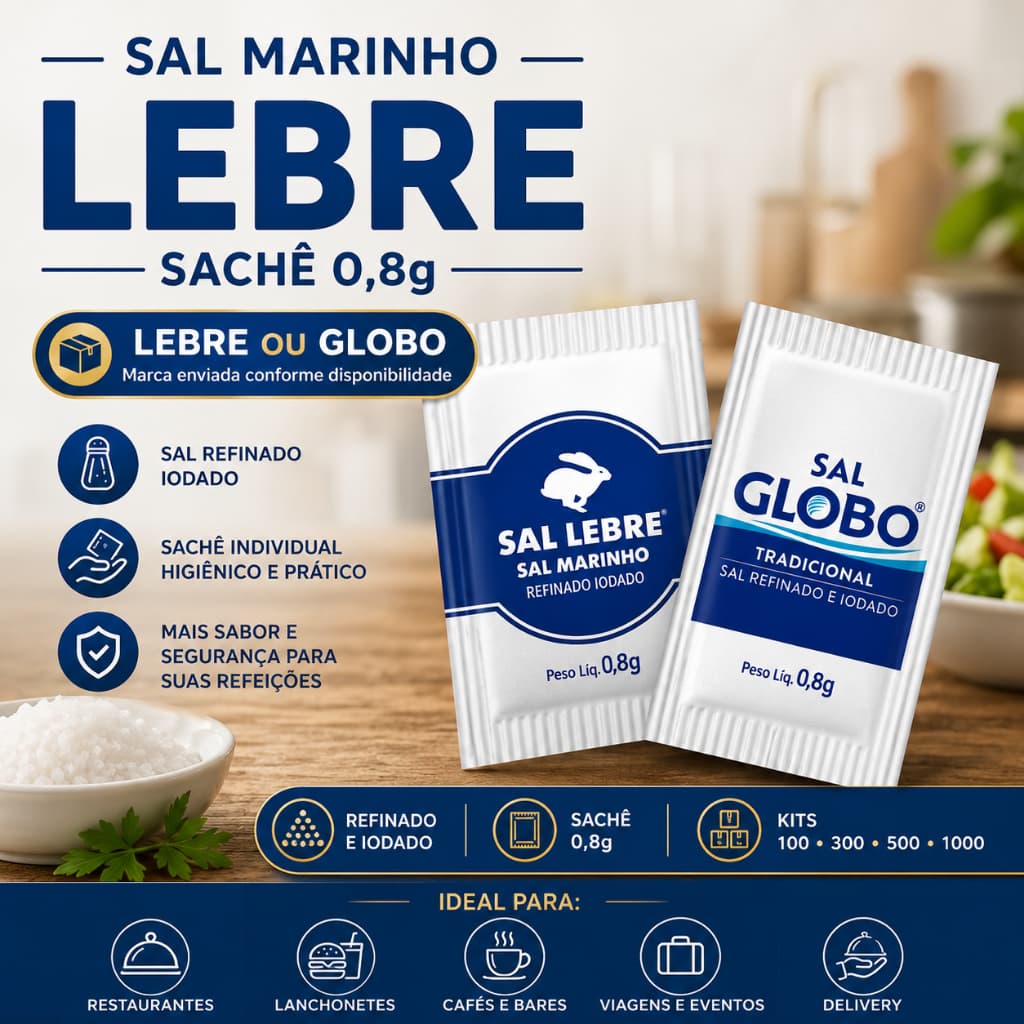 Sal Lebre ou Globo Sachê 0,8 g Refinado e Iodado Kit 100, 300, 500 e 1000 Unidades