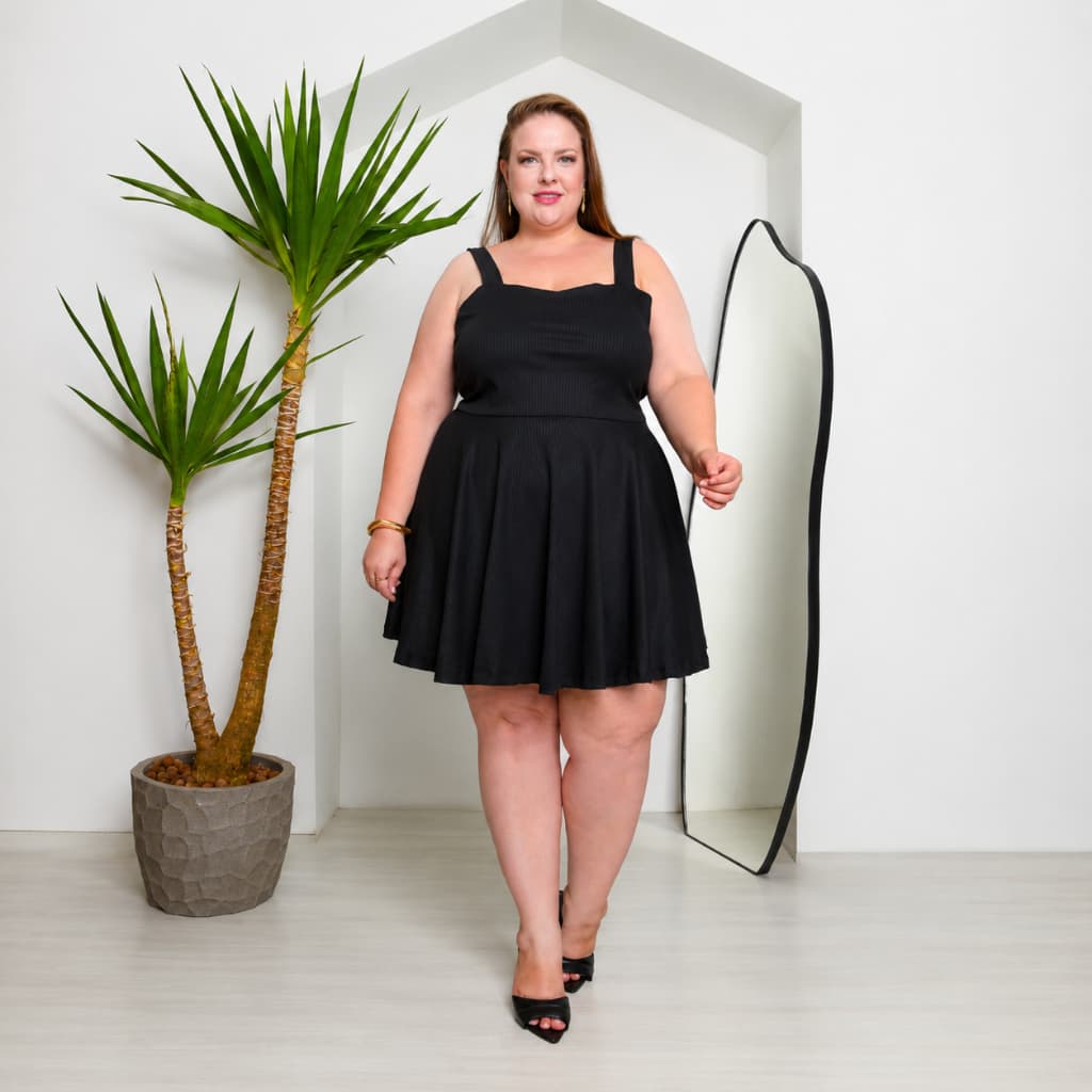 Vestido Feminino Plus Size Godê Canelado Alça Rodado Vestido Moda Feminina