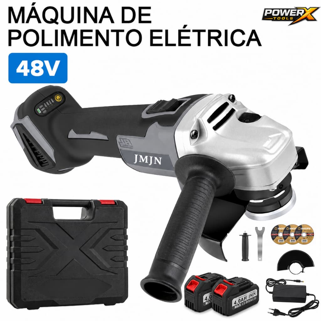 POWERX Esmerilhadeira Angular Sem Fio 48V 8000RPM com 2 Baterias Recarregáveis Lixadeira Profissional Portátil