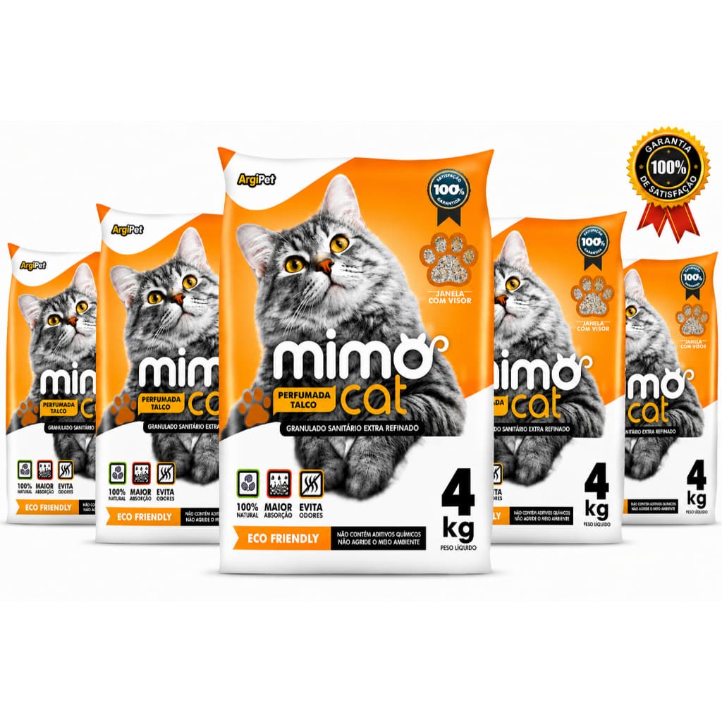 KIT 5 Areias de Gato Sanitária Higiênica 20KG Natural Super Absorvente Ecologica Biodegradável Anti-Odor Mimocat Talco