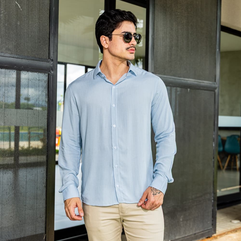 Camisa Social Masculina Manga Longa Sabor Linho Slim Fit Casual
