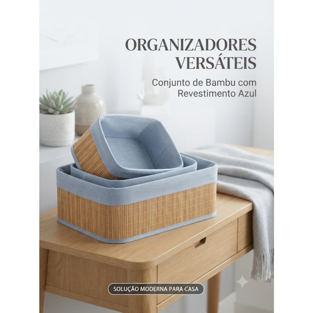 Cesto Organizador de Bambu Kit 3 Peças Multiuso Organizador para Cozinha Banheiro Quarto Escritório