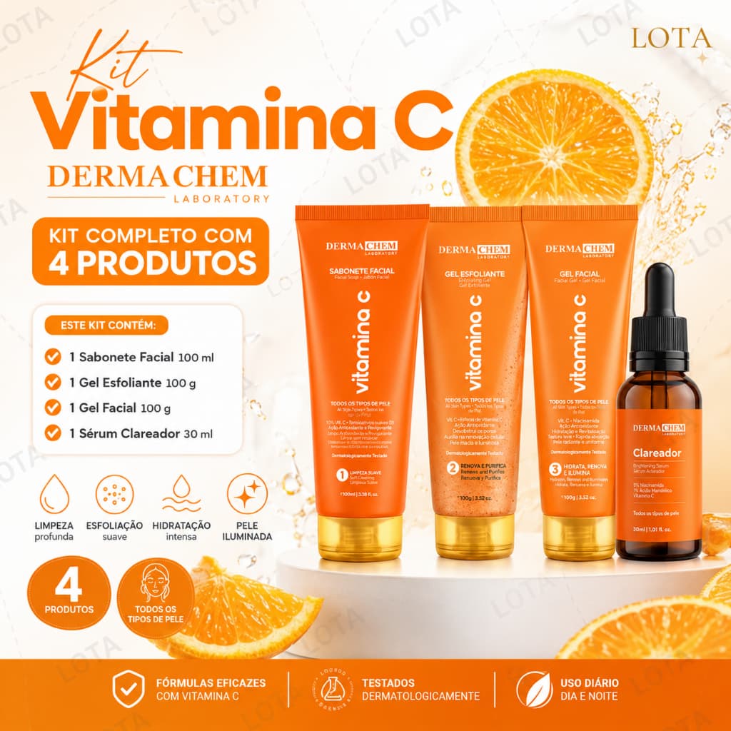 Kit Skincare Vitamina C Dermachem Completo com 4 Produtos | Sabonete, Esfoliante, Gel Facial e Sérum Clareador