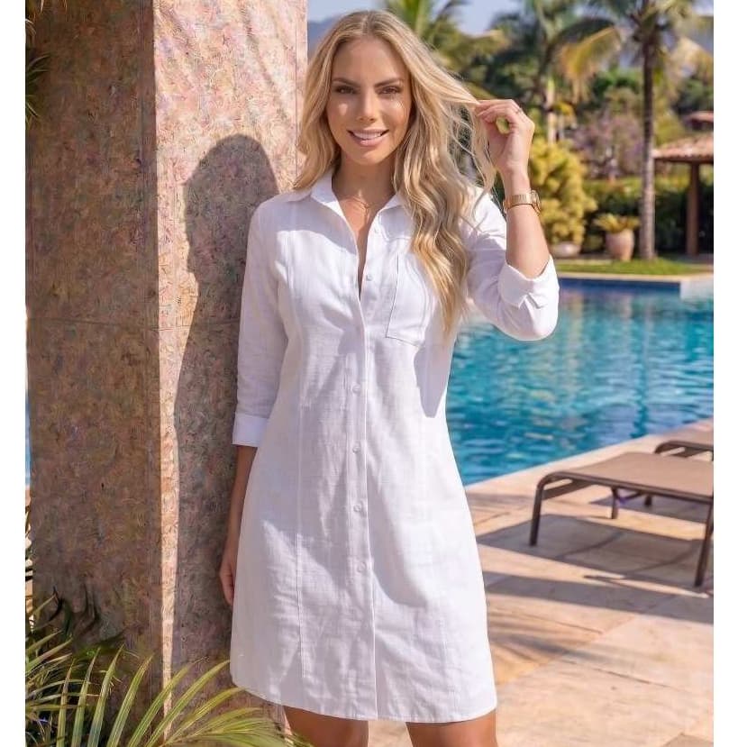 Vestido Chemise Camisa Feminina Solta Com Botões Manga 3/4 Tendência Moda Feminina Moda Gf Vestidos