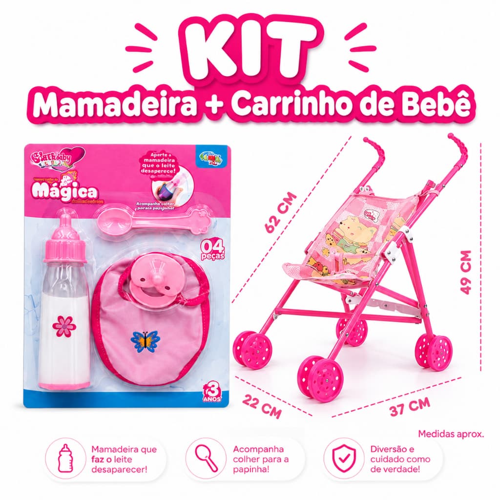 Kit Carrinho de bebê + Kit Mamadeira Diversão Kids