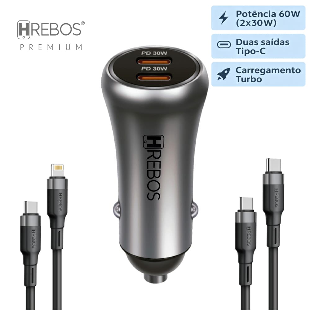 Carregador Turbo 60W Carro c/ 2 Portas Type-C, Carregamento Rápido Universal - HREBOS