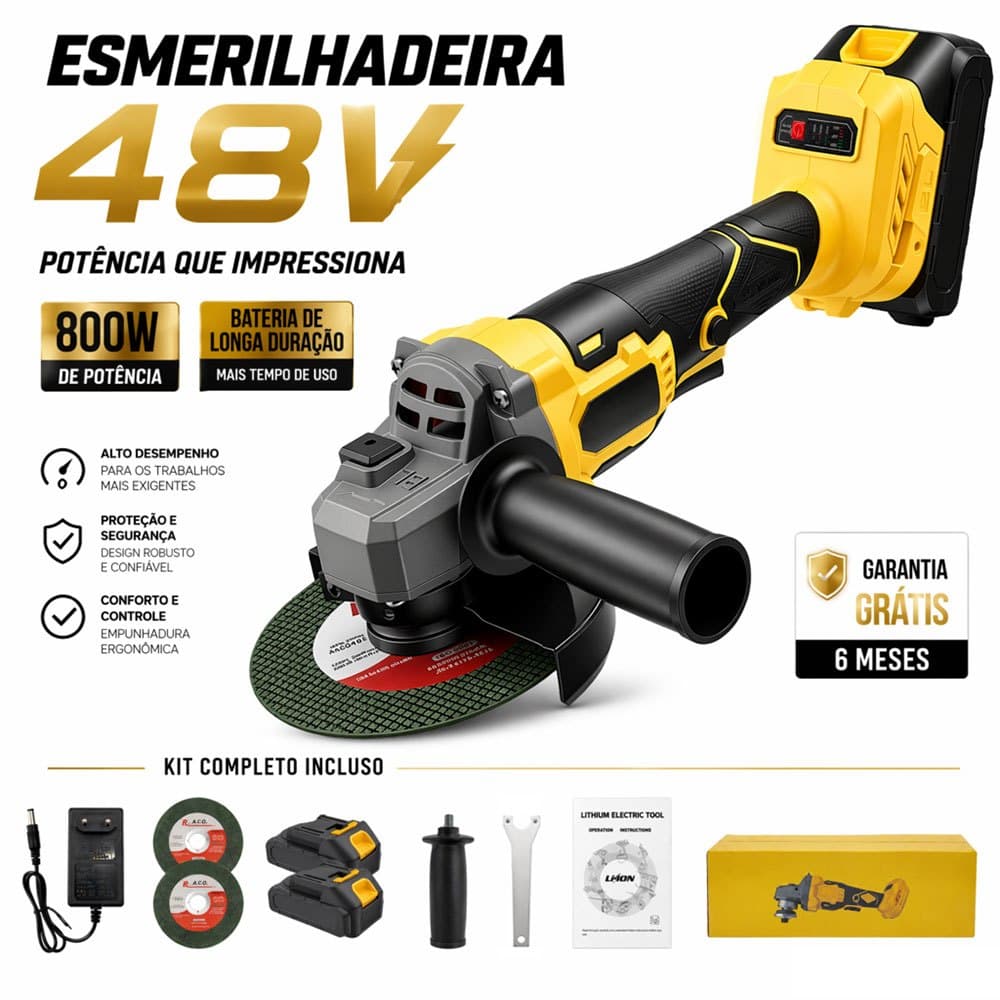 MOHOR Esmerilhadeira Angular Sem Fio 48V Com 2 Baterias 125mm Profissional Para Corte E Desbaste