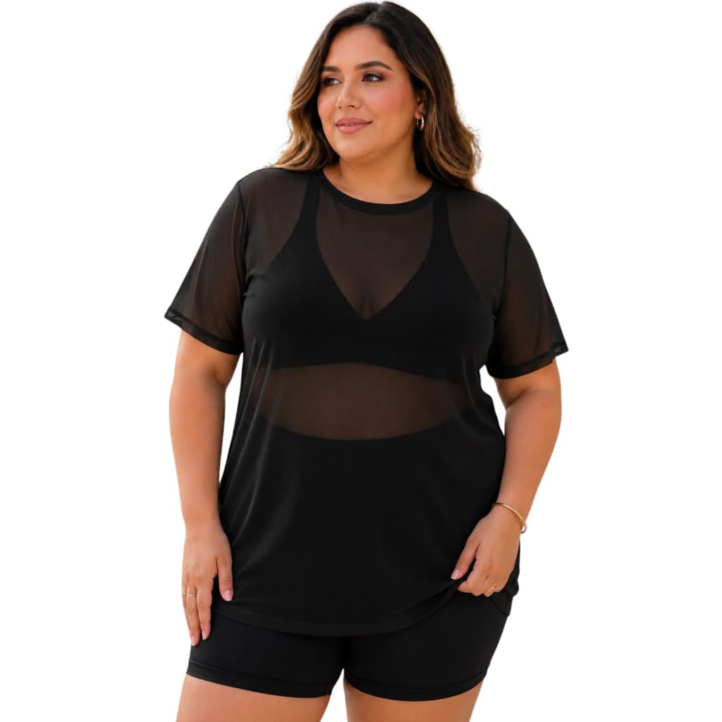 Blusa Plus Size Feminina de Tule com Manga Transparênte Roupa Academia Moda Fitness