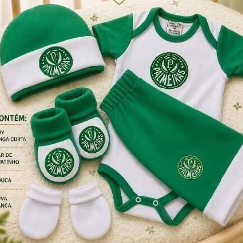 Saída Maternidade Palmeiras Bebê Kit Completo Mesversário Enxoval RN Body + short + Touca + Sapatinho + Luva