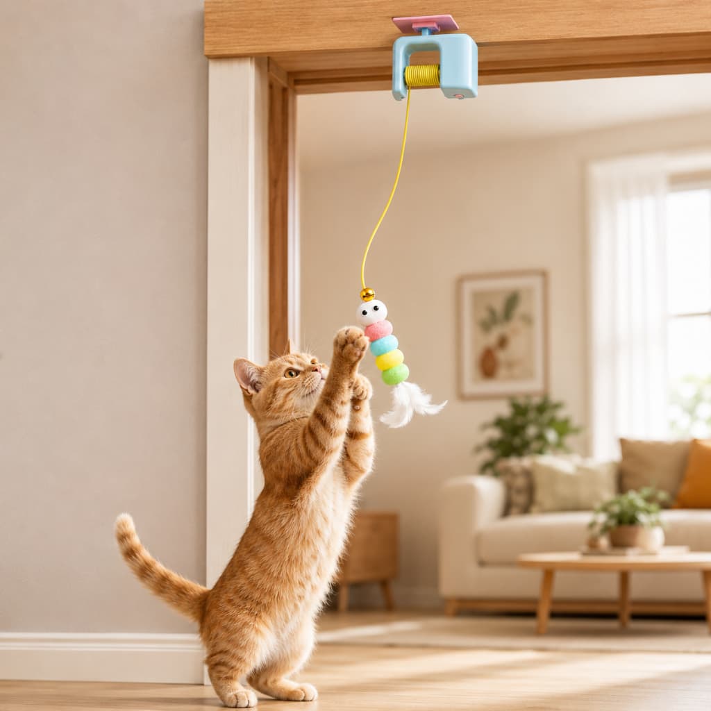 Brinquedo Inteligente para Gatos com Corda Elástica Giratória Elétrica para Pendurar em Portas Automático Anti Estres