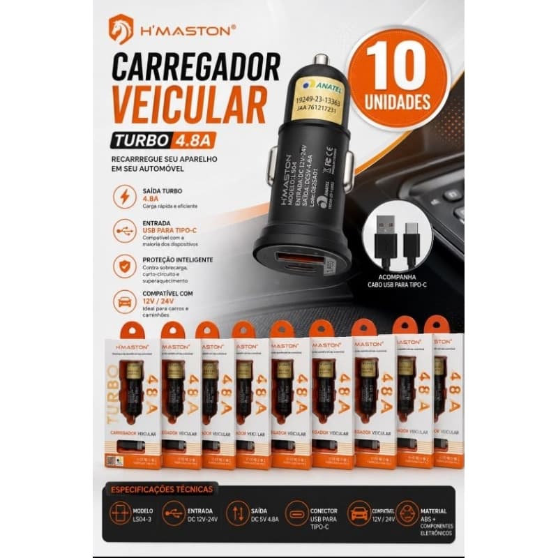 Carregador Veicular H'MASTON Turbo 4.8A + Cabo USB para Tipo-C