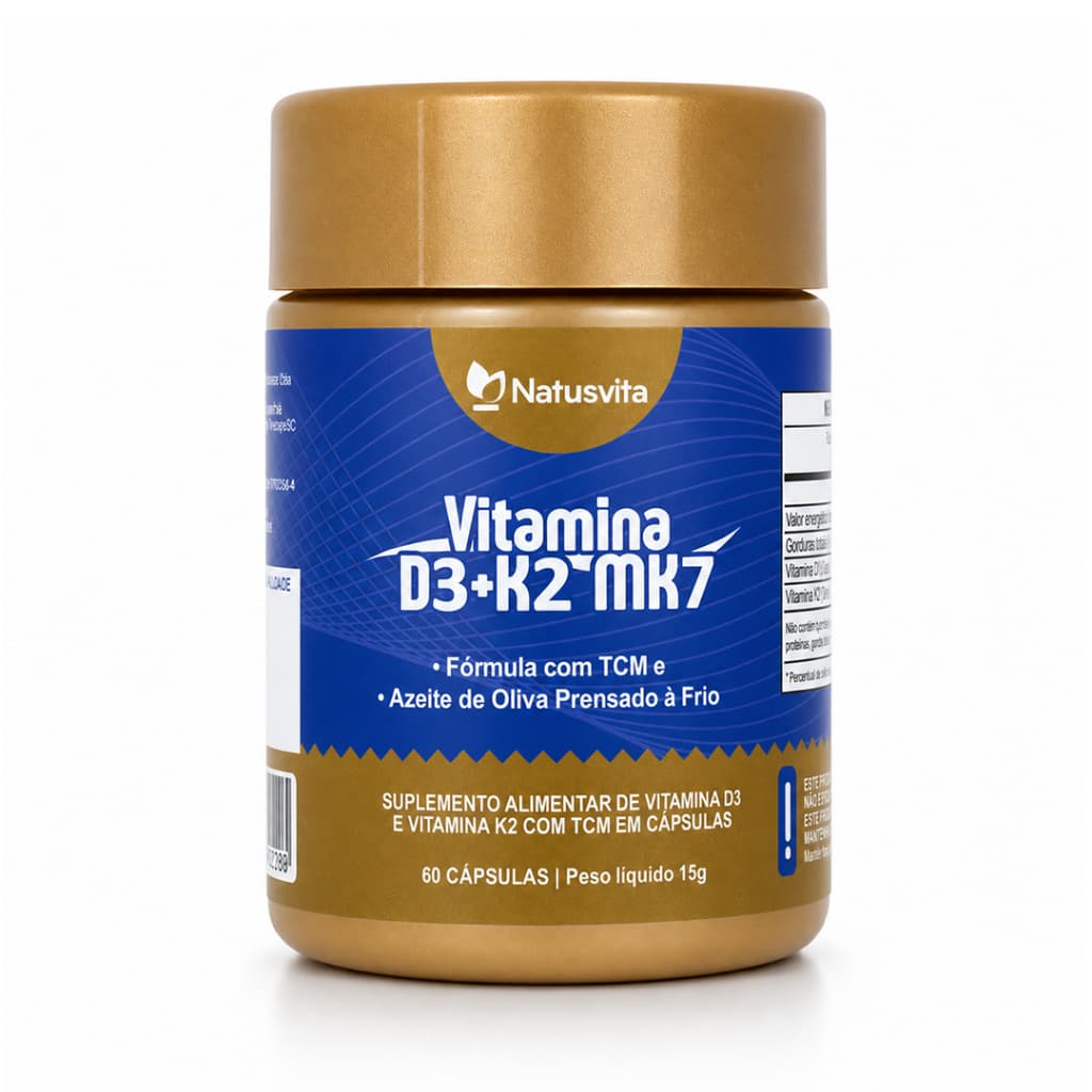 Vitamina D3 + K2 Mk7 com TCM e Óleo de Oliva Prensado a Frio em Softgel Cápsulas