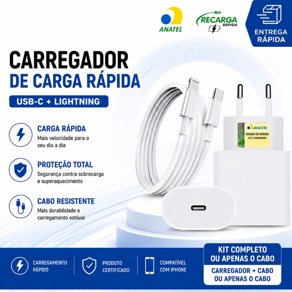 Carregador De iPhone Fonte com Cabo Carregamento Rápido 1m PD 20w Lightning