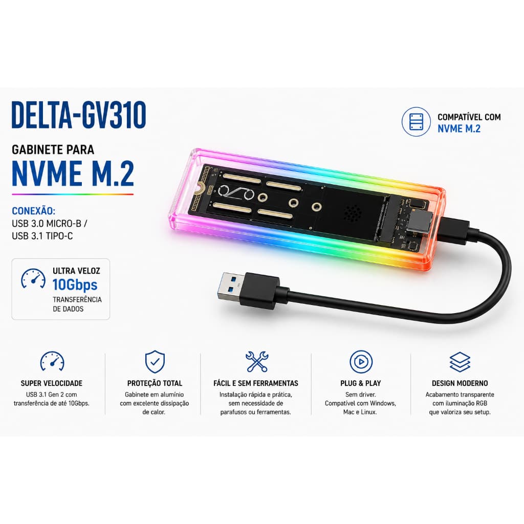 Gabinete Externo NVMe M.2 USB 3.1 Gen2 10Gbps Case SSD DELTA GV310 RGB