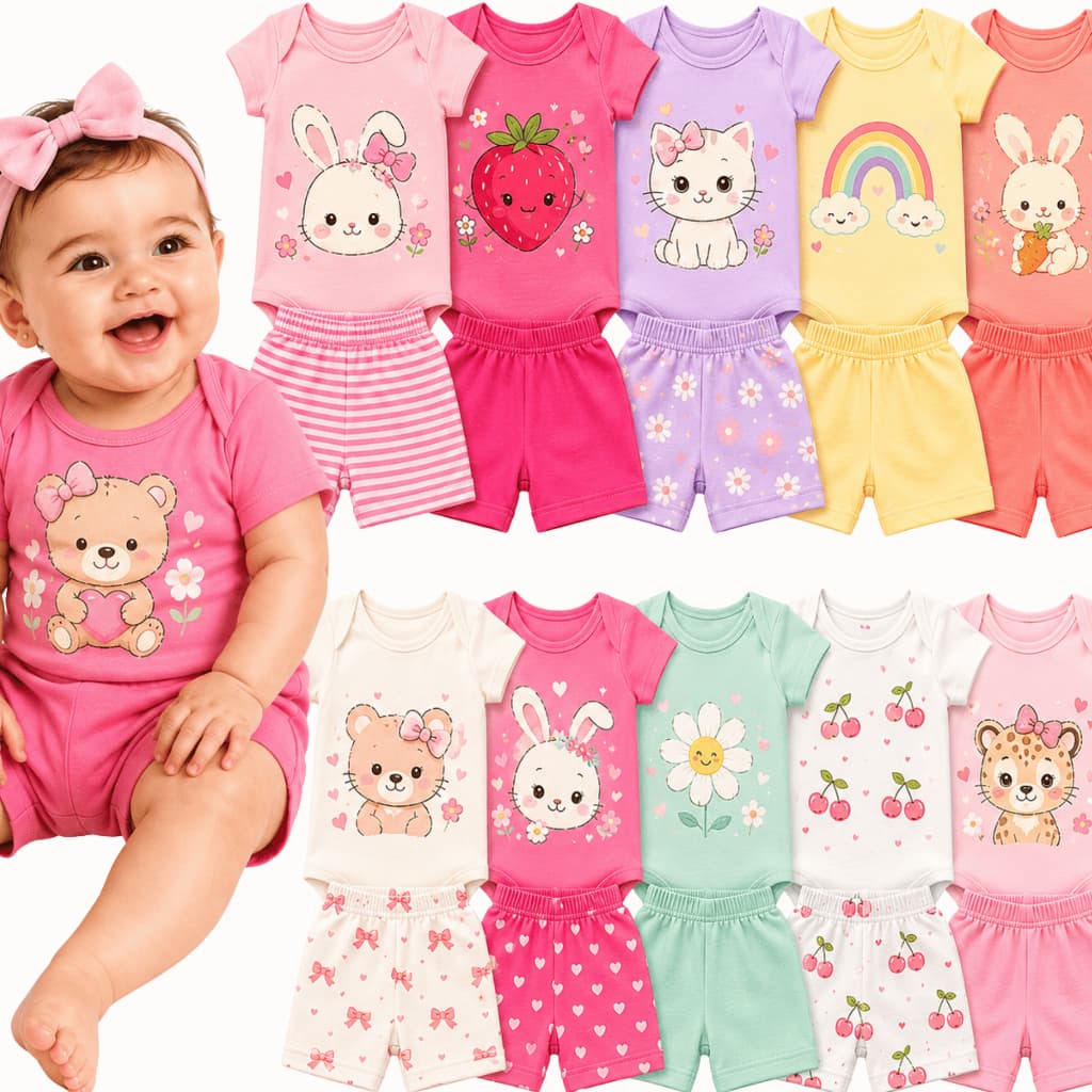 Kit 10 Peças Conjunto Bebê Menina Body e Short Algodão Roupa Bebê Verão RN P M G Enxoval