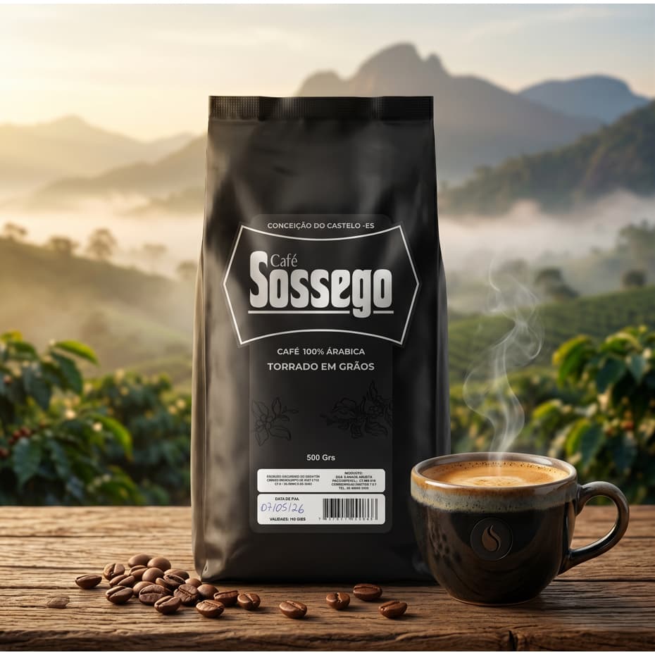 Café Sossego em Grãos - 500g - 100% Arábica – Torra Clara/Média - Montanhas Capixabas