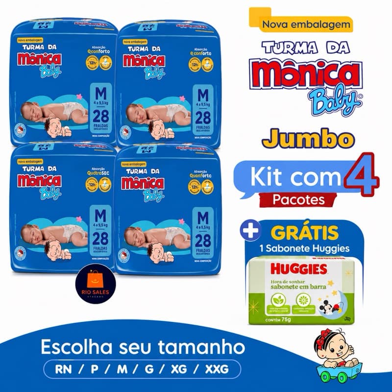 Kit 4 Pacotes de Fralda Turma da Mônica Tripla Proteção + Sabonete Huggies