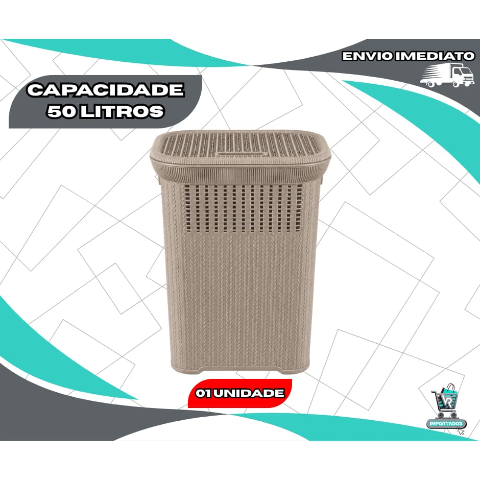 Cesto Organizador Roupa Suja Bege Telado Rattan 50 Litros Banheiro Lavanderia Reforçado Resistente