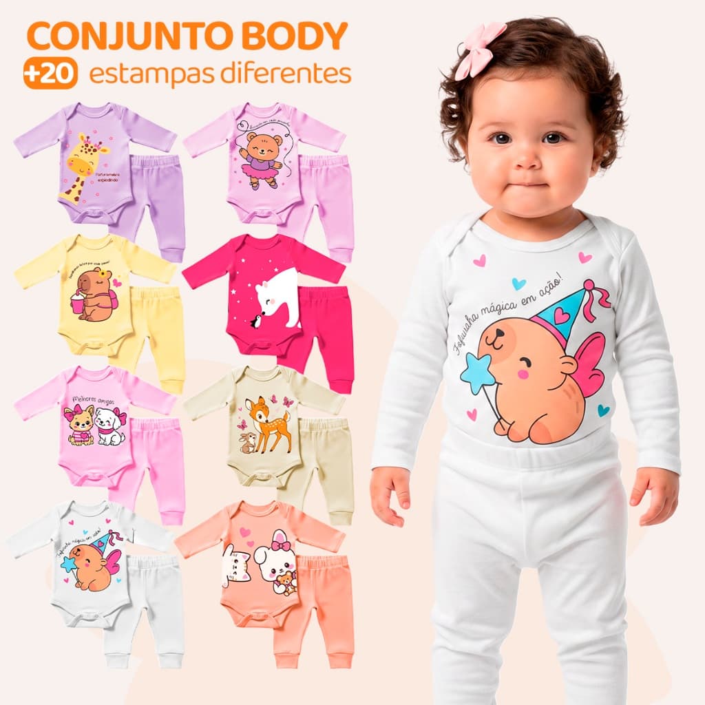 Kit 6 ou 14 Peças de Roupas para Bebê Menina (Body Longo + Calça Mijão)  Conjunto Body + Calça Roupa Infantil