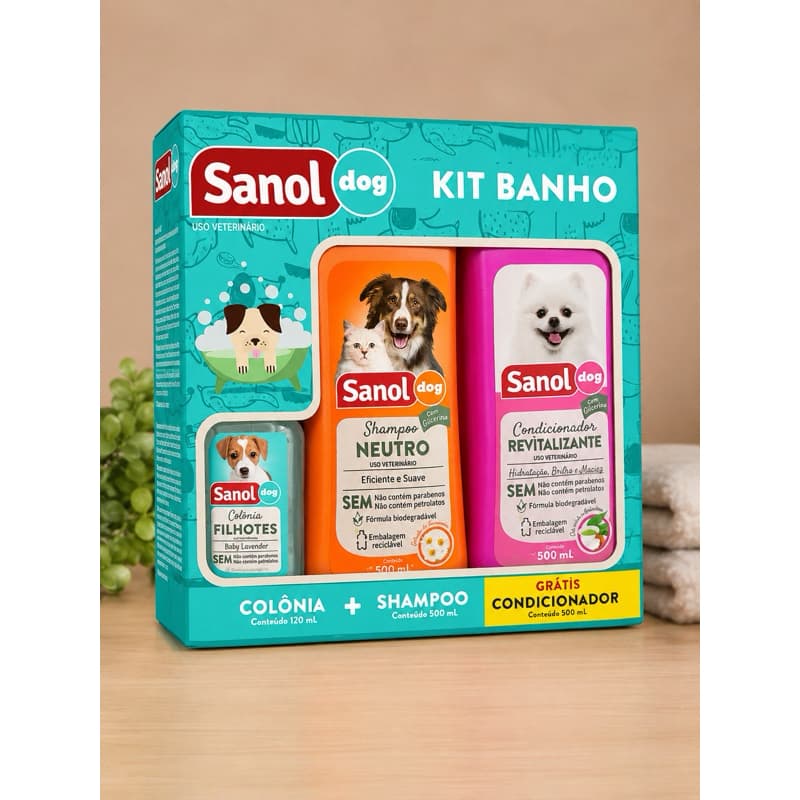 Banho Sanol Dog para Cães – Shampoo Neutro 500ml + Condicionador 500ml + Colônia Filhotes 120ml