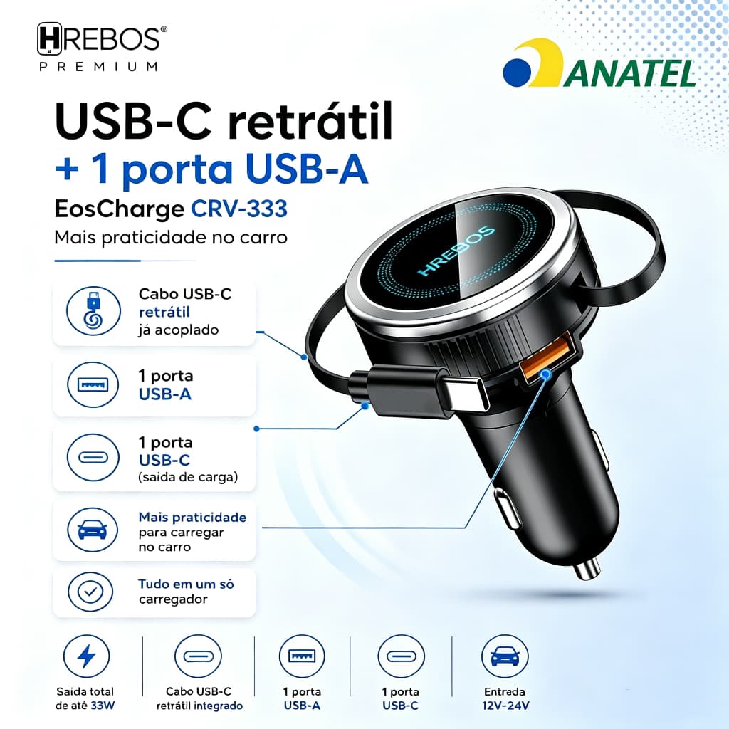 Hrebos 30W Car Charger with carregador veicular cabo retratil turbo Compatível com 12-24 V