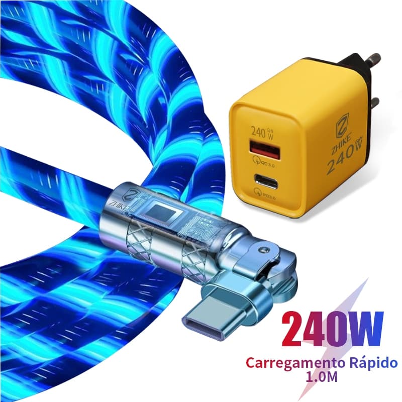 Cabo Carregador Celular Carregador Rápido Tipo C V8 iP 1M Rotação de 180° LED Streamer Com Adaptador GaN