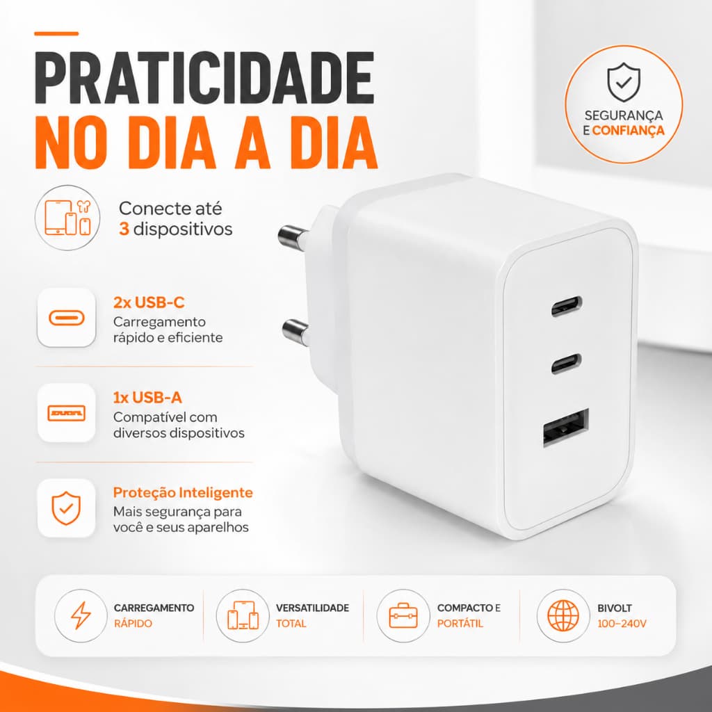 Carregador Rápido 3 Portas com 2 USB-C e 1 USB-A Bivolt para Celular e Tablet