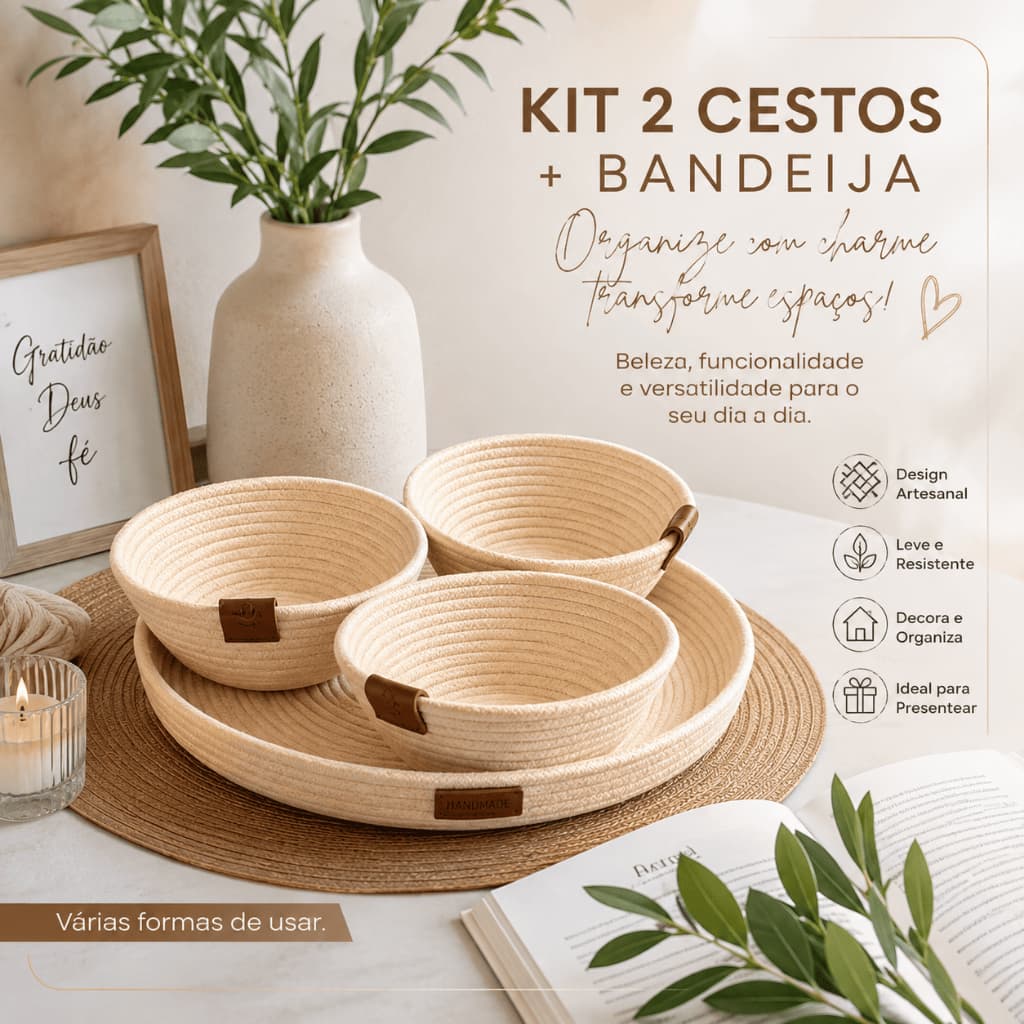 Kit Cestos Organizadores de Corda de Algodão com Bandeja | Organizador Multiuso Artesanal para Banheiro, Quarto e Sala