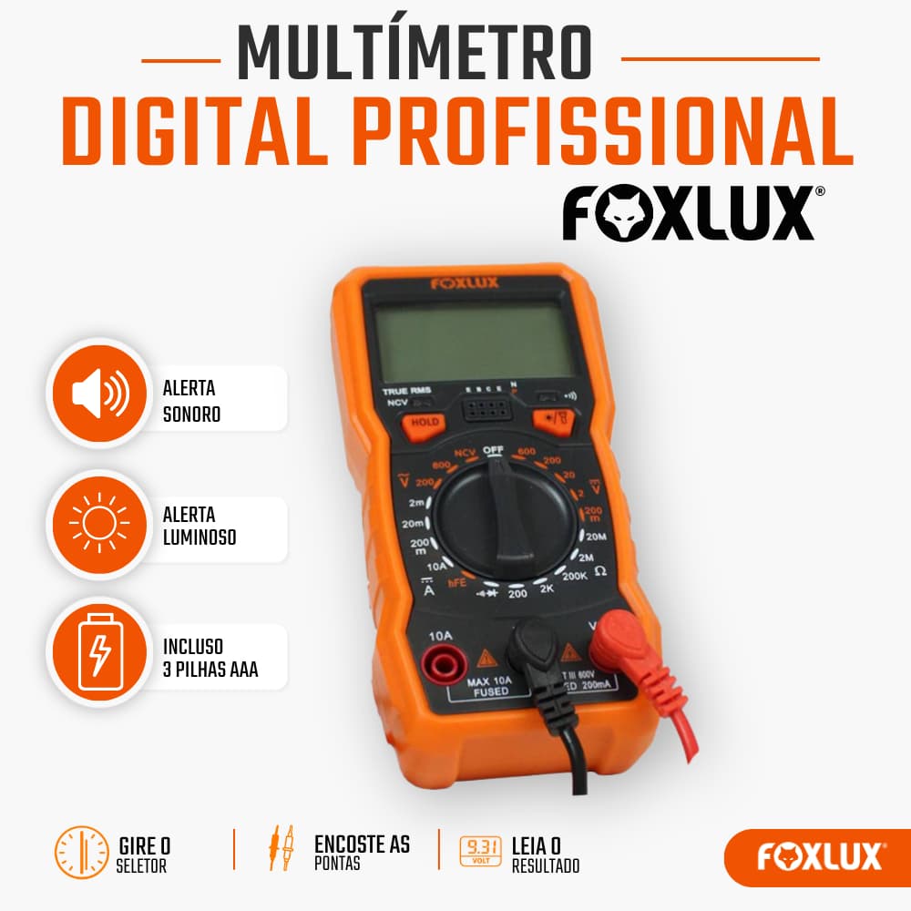 Multímetro Digital Profissional Foxlux True RMS NCV CAT III Medições Elétricas e Eletrônicas